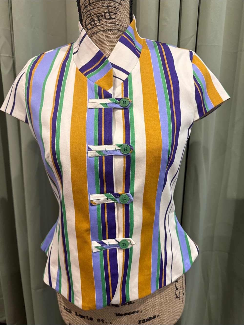 Zara Striped Mandarin-Collar Cap Sleeve Blouse in Mustard, Purple, Green & White